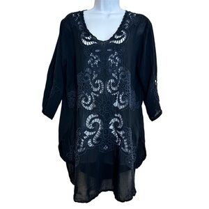 Johnny Was Silk Black Embroidered Eyelet Lace Front Tunic Size M Semi-sheer